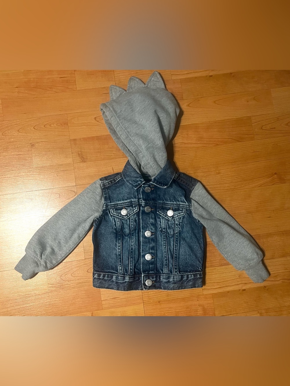 Baby GAP Boy or Girl Blue Denim Jacket with Grey Dinosaur Shape Hood and Sleeves